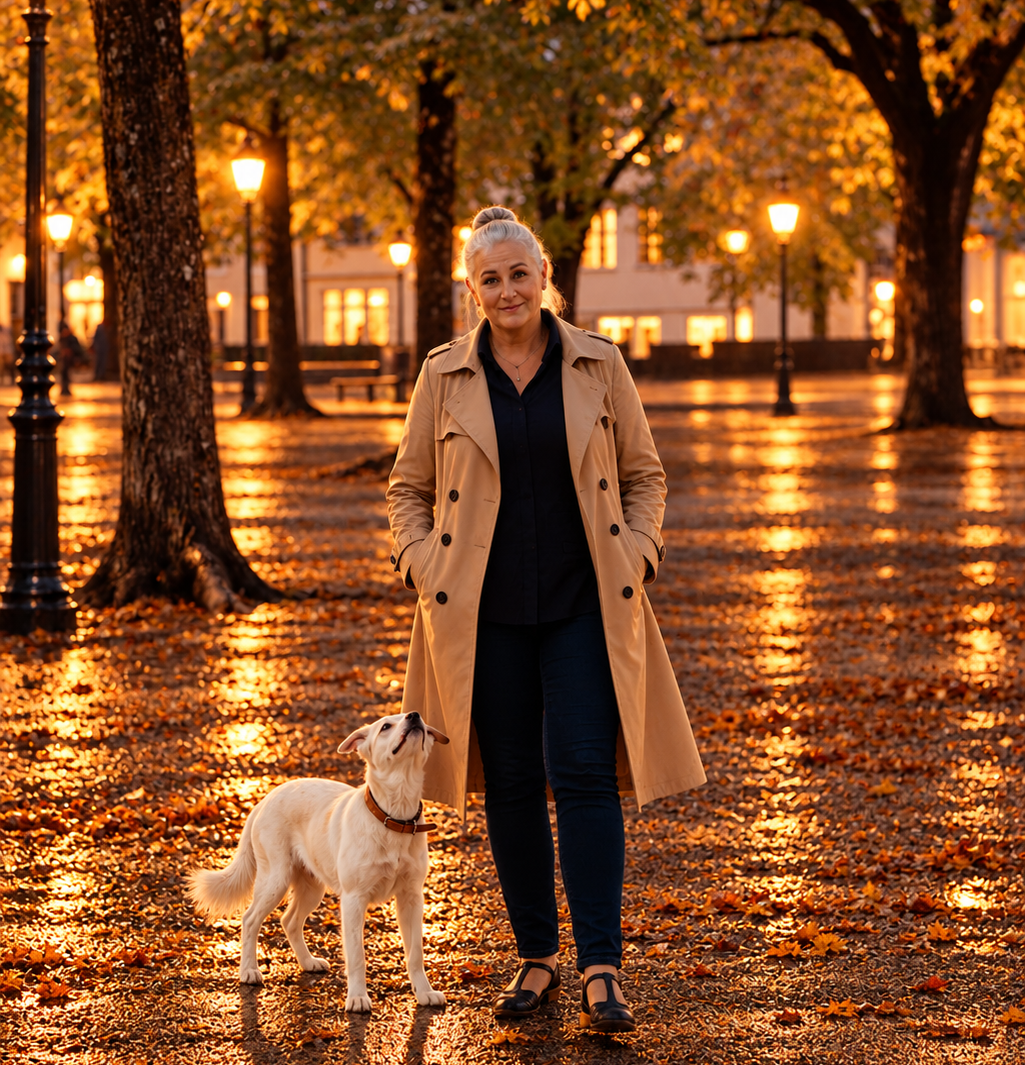 Die Zürcher Stadtdruidin Chantal Donia Houcke mit Hund Milou bei einem herbstlichen Abendspaziergang unter beleuchteten Bäumen.